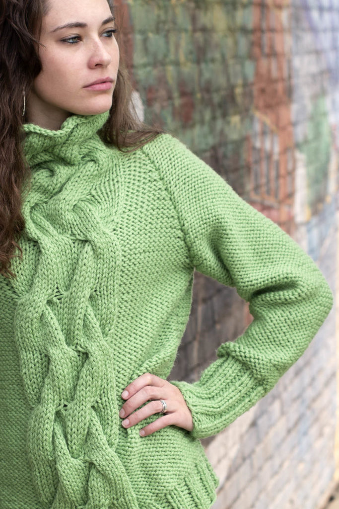 Free Knitting Pattern for a Cabled Raglan Cowl Neck Sweater for Women 4