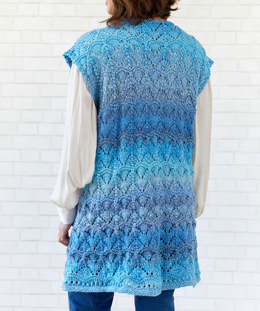 Free Knitting Pattern for a Long Ladies Vest with a Lace Pattern
