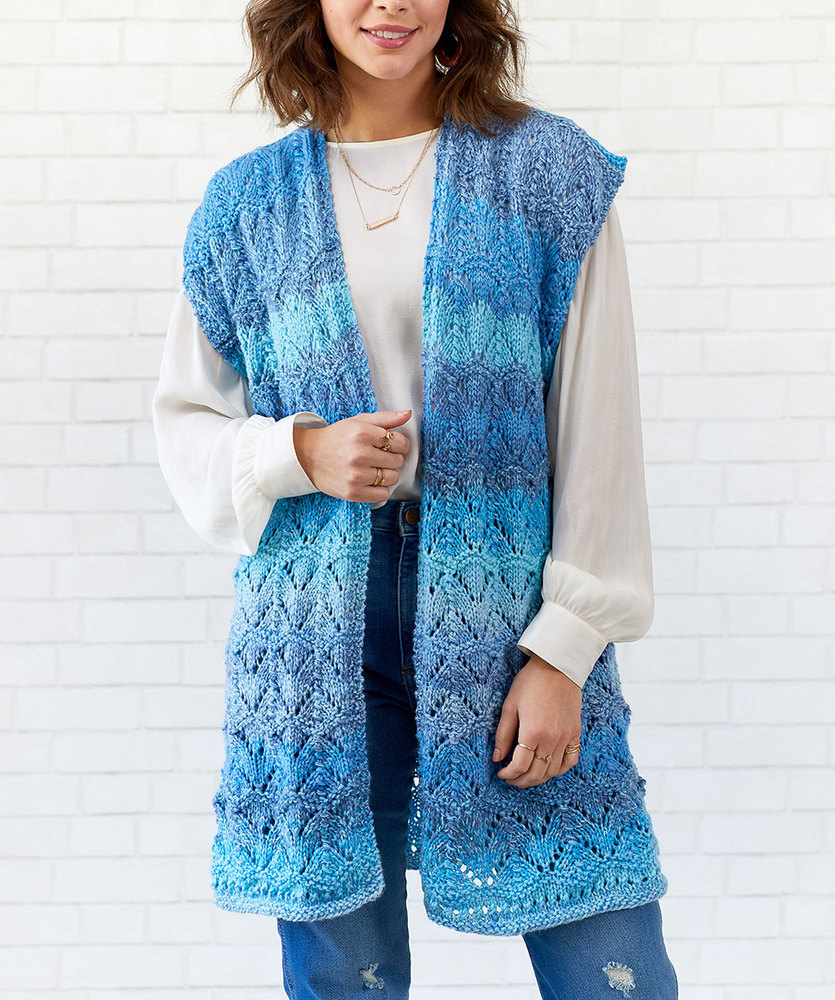 Free Knitting Pattern for a Long Ladies Vest with a Lace Pattern