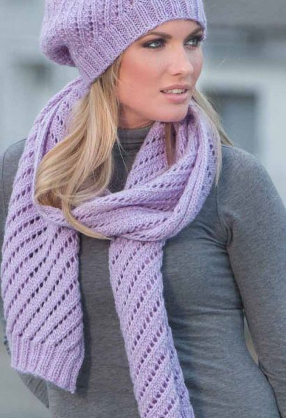 Diagonal Eyelet Scarf And Hat Knitting Pattern