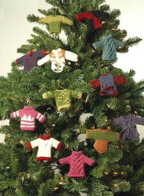 Twelve miniature sweater ornaments knit in Ultra®Alpaca Light