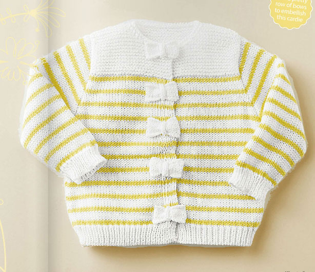 Stripped Yellow and White Baby Cardigan Knitting Pattern with Bows
