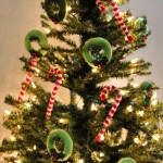 Knit wreath and candy cane christmas ornaments
