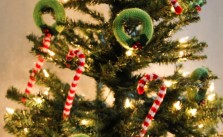 Knit wreath and candy cane christmas ornaments