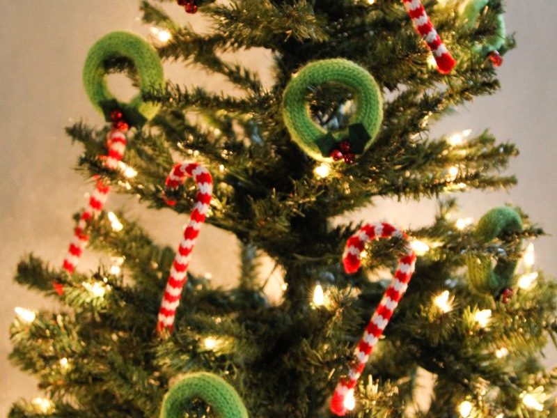 Knit wreath and candy cane christmas ornaments