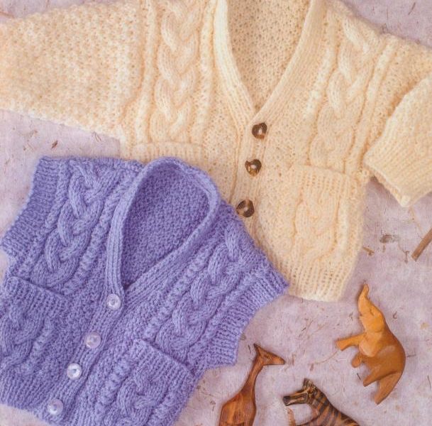 Cabled Waistcoat & Cardigan Knit Pattern for Baby