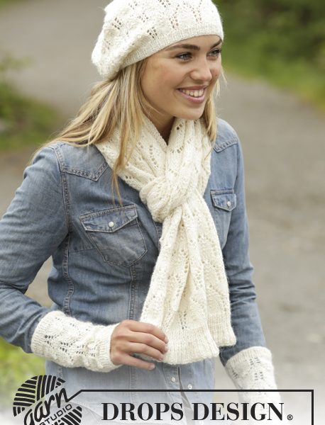 Snow Angel Free Lace Scarf, Hat and Wristwarmers Knitting Pattern