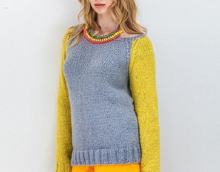 Aimee Contrast sleeve raglan sweater free knitting pattern