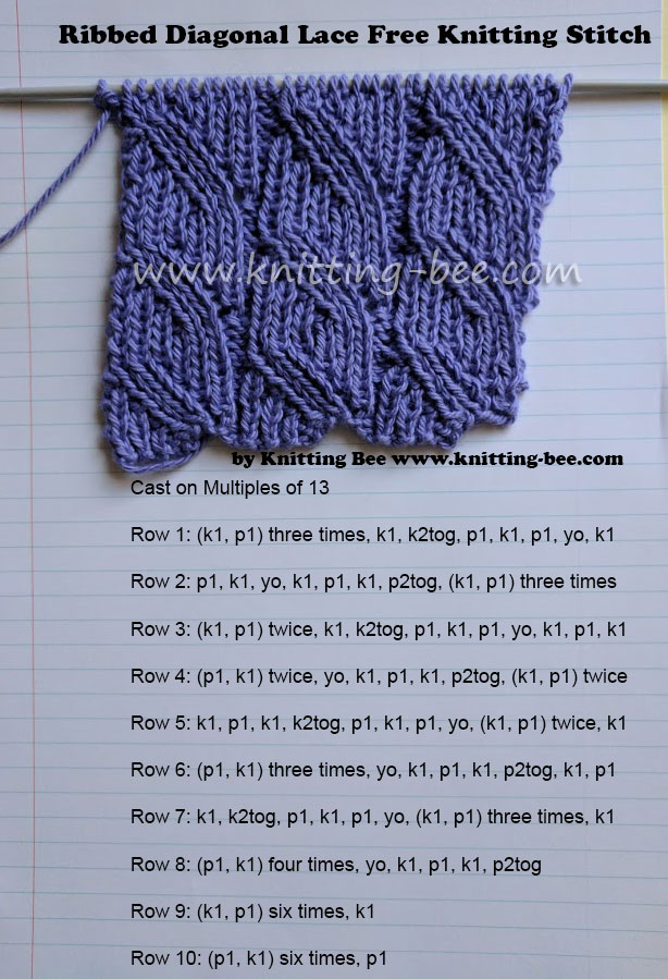 Ribbed Diagonal Lace Free Knitting Stitch from www.knitting-bee.com