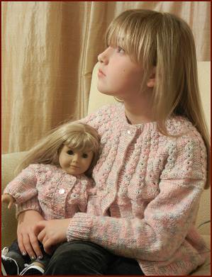 Girl’s Cardigan Free Knitting Pattern with Pretty Yoke and Matching 18″ Doll Sweater