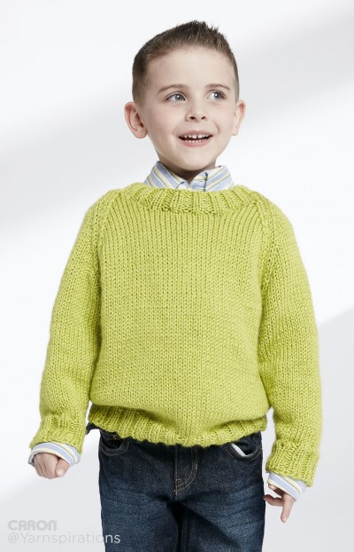 Caron Child's Knit Crew Neck Pullover Free Knitting Pattern