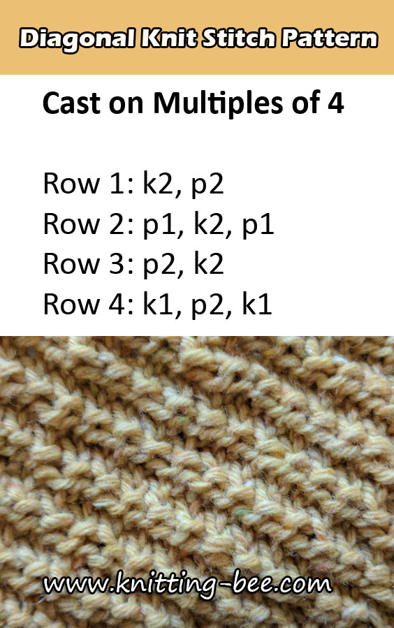 Free Diagonal Knit Stitch Pattern from https://www.knitting-bee.com/knitting-stitch-library/knit-purl-stitches/free-diagonal-knit-stitch-pattern