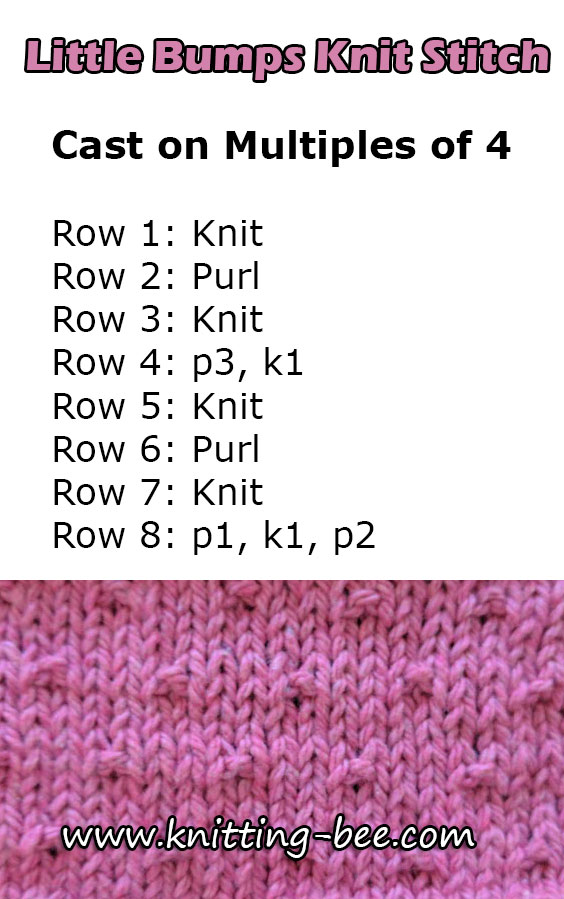 Little Bumps Free Knitting Stitch from https://www.knitting-bee.com/knitting-stitch-library/knit-purl-stitches/little-bumps-free-knitting-stitch