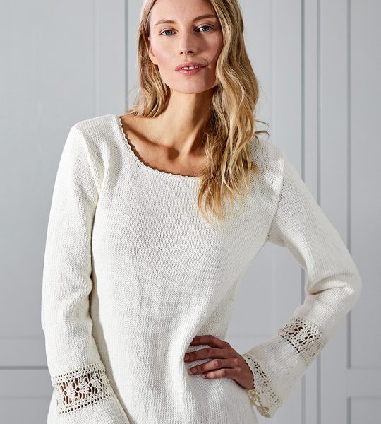 Women’s Knitted Sweater with Crochet Lace Details Free Knitting Pattern