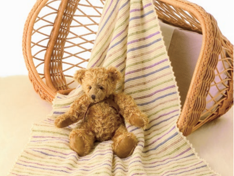 Knitted Blanket in Garter Stitch with Stripes and Picot Crochet Edging