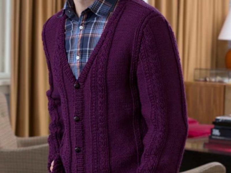 Men’s V-Neck Cable Cardigan Free Knitting Pattern