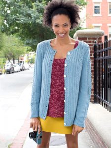 A cardigan with beautiful cables, Watson is a classic New England summer sweater.