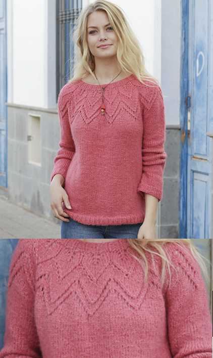 Aftensol Round Lace Yoke Sweater Free Knitting Pattern Download. Ladies sweater with chevron lace yoke feature.