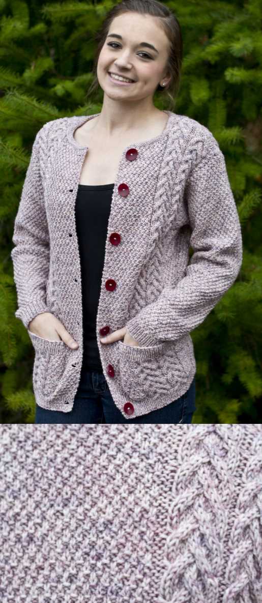 Joan's Cardigan Free Knitting Pattern. Ladies cabled cardigan free pattern to knit with long sleeves and pockets.