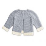 Free baby cardigan knitting pattern for a lightweight yarn for detailed eyelet lace panels knit in contrast with basic garter stitch.