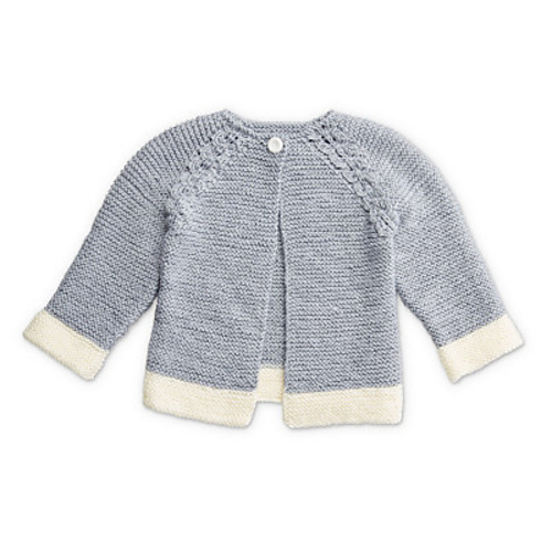 Free baby cardigan knitting pattern for a lightweight yarn for detailed eyelet lace panels knit in contrast with basic garter stitch. 