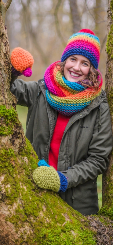 Free Knitting Pattern for a Hat, Cowl and Mittens in Garter Stitch