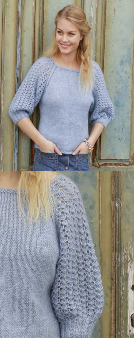Raglan Sweater with Lace Sleeves Free Knitting Pattern.