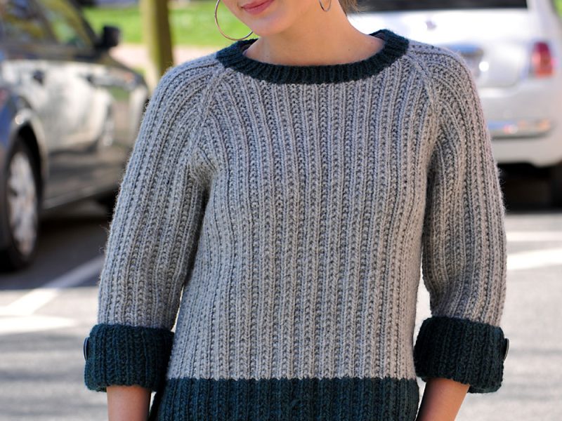 Two Colour Raglan Sweater Free Knitting Pattern
