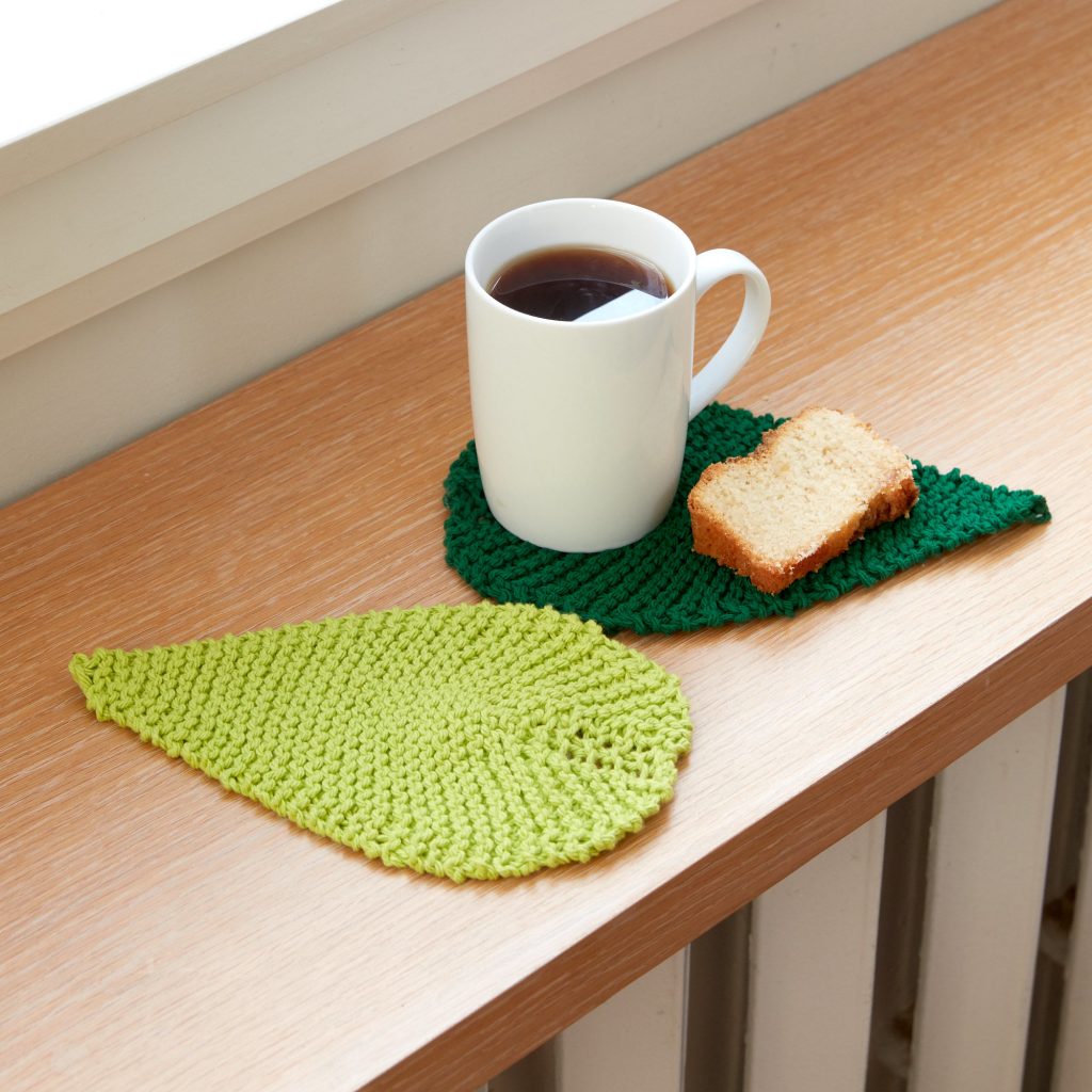 Free Knitting Pattern for a Be-Leaf It Mug Rug.