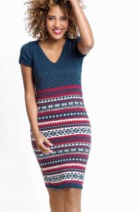 Free Knitting Pattern for a Modern Fair Isle Dress. Fitted v neck, short sleeved dress knitting pattern in modern color work.