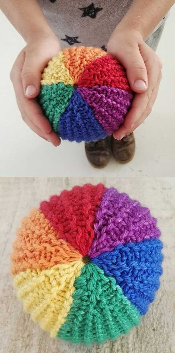 Free Knitting Pattern for a Rainbow Ball Toy.