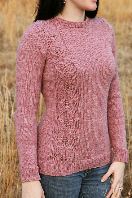 Free lace pullover knitting pattern with lace leaf panel.