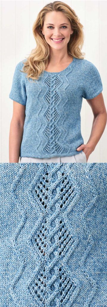 Free Knitting Pattern for a Denim Cable and Lace T-shirt