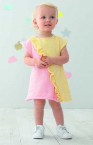 Free Knitting Pattern for a Flore Baby Dress. Sizes: 6 months, 12 months, 18 months, 2 years and 4 years Cute two toned baby dress ruffles.