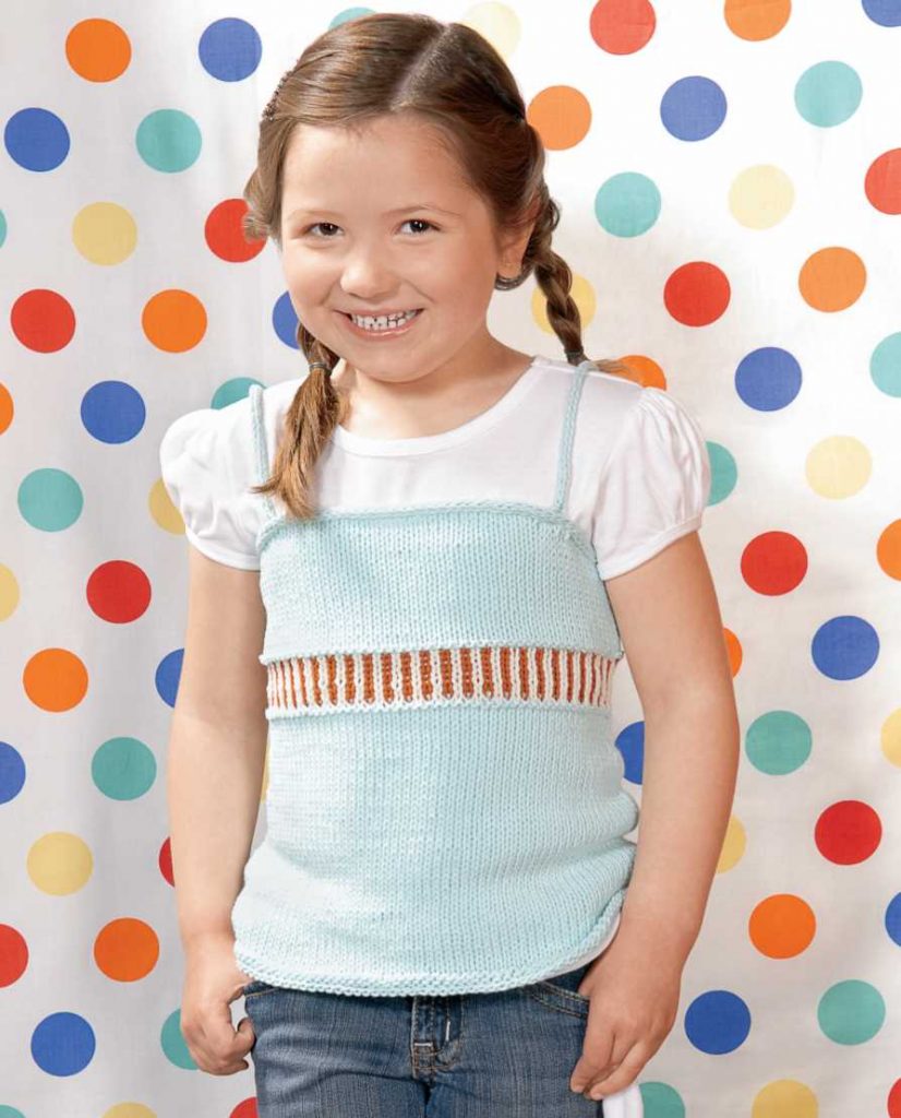 Free Knitting Pattern for a Girl's Skinny Tank Top. Cute tank top to knit for girls from ages 2 to 12 years.