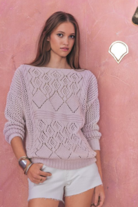 Free Knitting Pattern for a Lace Emilie Sweater in Phildar. Stylish lace sweater knitting pattern with diamond lace design..