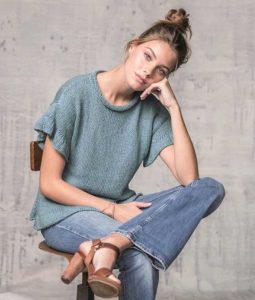 Free Knitting Pattern for an Axelle Sweater in Phildar. Short sleeve sweater with flouncy sleeves.