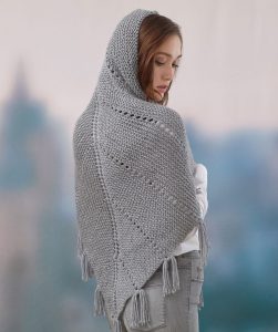 Free Knitting Pattern for a Hoodie Shawl, easy shawl knitting pattern. Truangular shawl with fringing and hood.