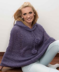 Free Knitting Pattern for a Mohair Lace Poncho. Lace poncho with hoodie and pompoms.