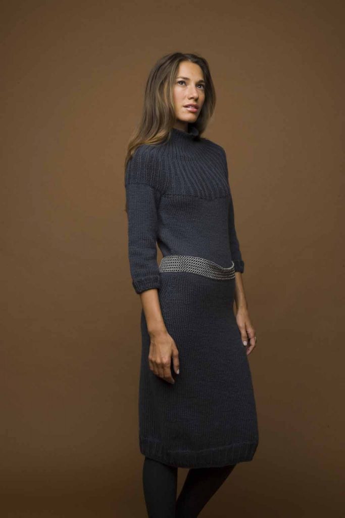 Free knitting pattern for a below the knee dress with long sleeves and turtleneck