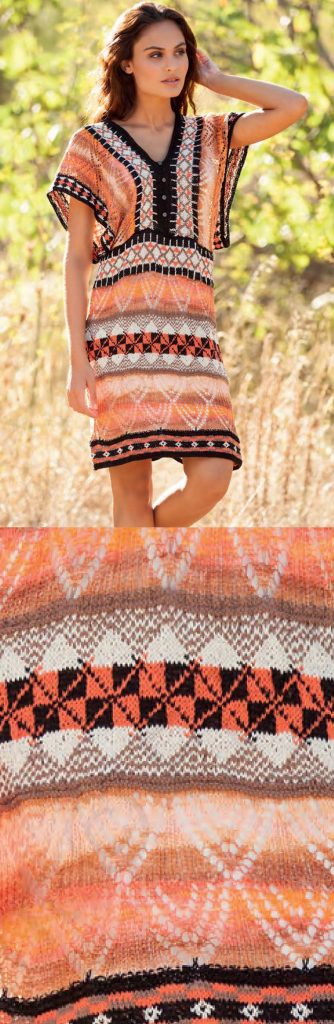 Free Knitting Pattern for a Lace and Colorwork Boho Dress. Free knit pattern for a boho (bohemian) style dress in a beautiful combination of lace stitches and colorwork design.