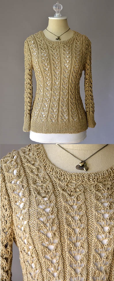 Free Knitting Pattern for a Lace Sweater Just Breathe. All over lace pattern for a ladies fitted sweater.