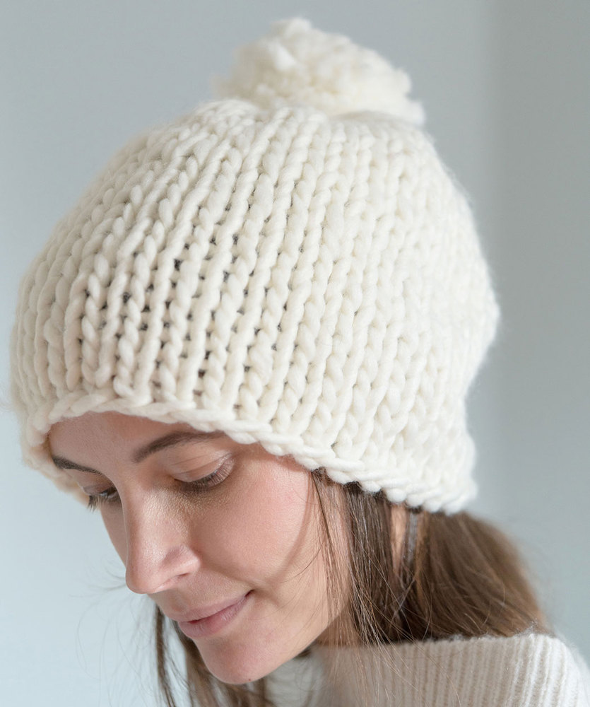 Free Knitting Pattern for a Latte Classico Hat. Easy stockinette stitch hat in bulky yarn with pompom..