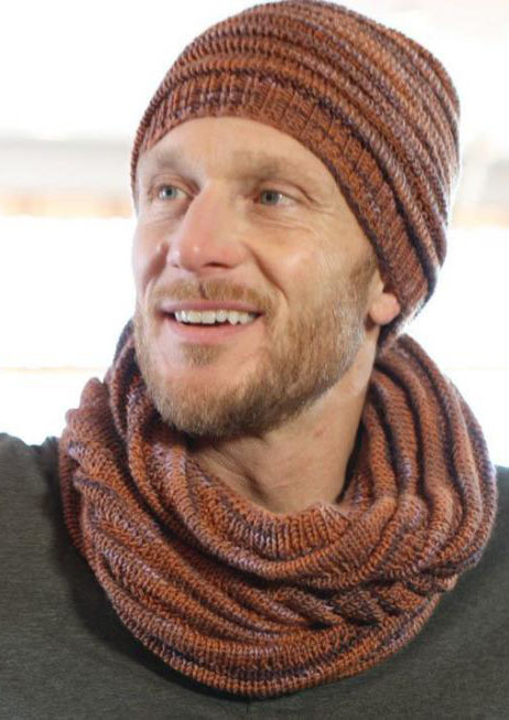 Free Knitting Pattern for a Mans Cap and Infinity Scarf