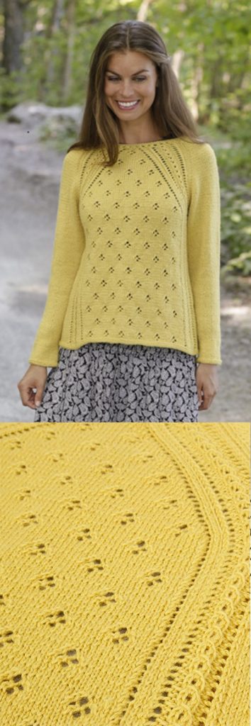 Free Knitting Pattern for a Raglan Lace Sweater for women.