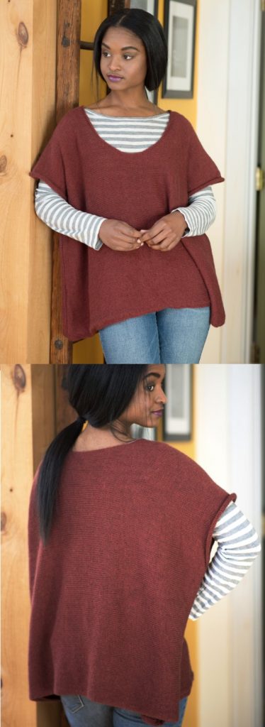 Free Knitting Pattern for a Simple Oversized Tee. This easy piece is knit from side-to-side and features a deep scoop neck and rolled edges.