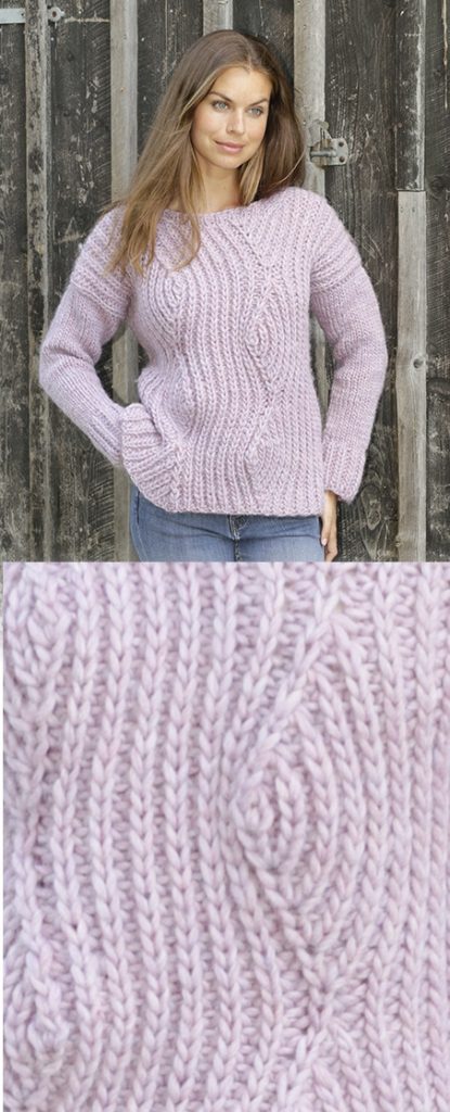 Free Knitting Pattern for an Autumn Blush. Knitted sweater with false English rib and displacements.