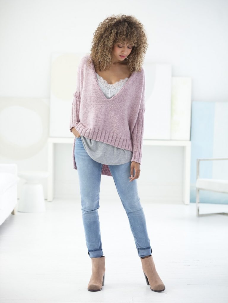Free knitting pattern for a modern sweater with deep v-neck, ribbed sleeves and edge