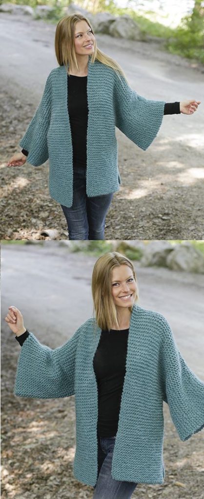 Free Knitting Pattern for a Garter Stitch Jacket Emerald Isle. The piece is worked in garter stitch with shawl collar, split in sides and kimono sleeves.