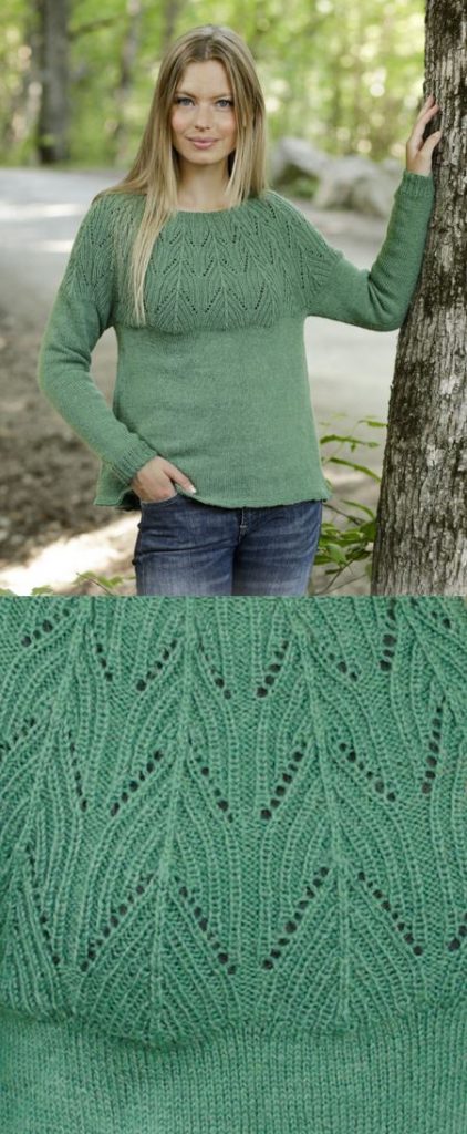 Free Knitting Pattern for a Lace Yoke Sweater Green Echo